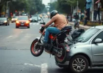 homem em moto arremessado por carro