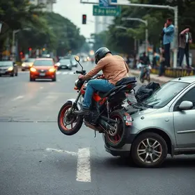 homem em moto arremessado por carro